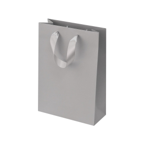 Light gray paper bags with satin ribbon handles