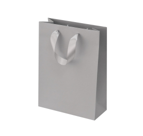 Light gray paper bags with satin ribbon handles