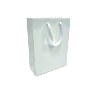 White paper bags with satin ribbon handles