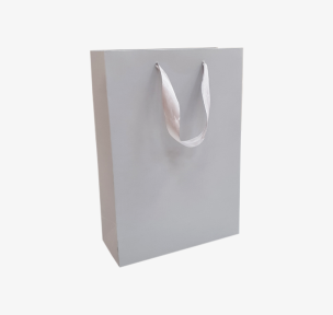 Light gray paper bags with satin ribbon handles