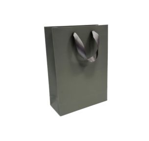 Dark gray paper bags with satin ribbon handles