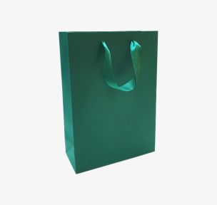 Dark green paper bags with satin ribbon handles