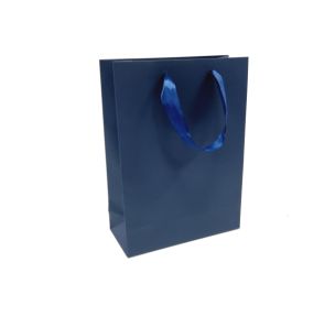 Dark blue paper bags with satin ribbon handles