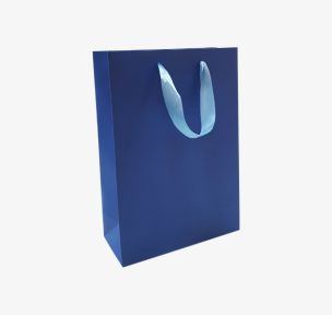 Blue paper bags with satin ribbon handles